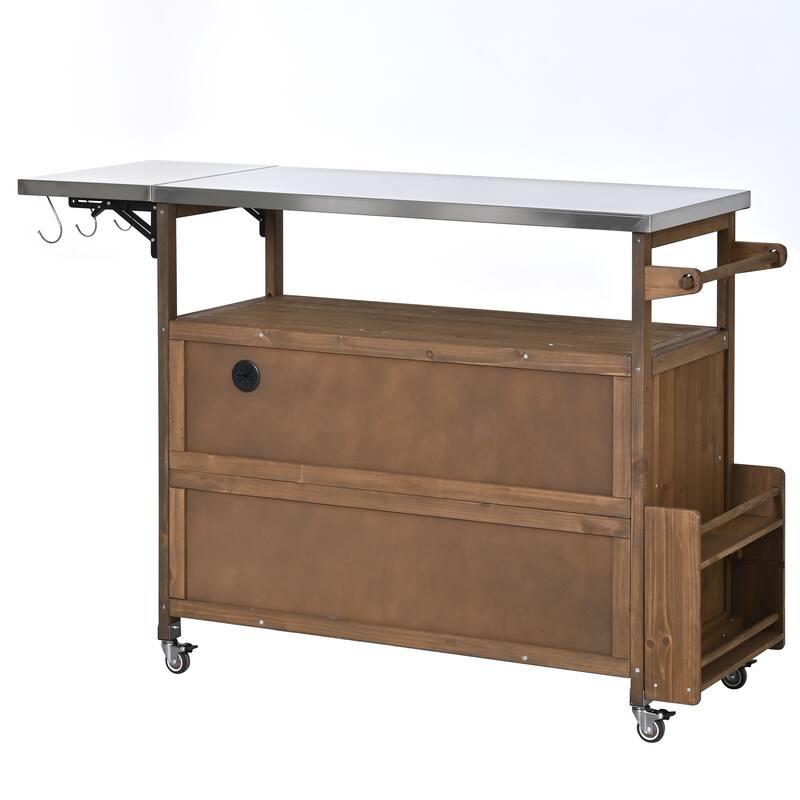 Christopher Knight Home - 54.33" Solid Wood Mobile Outdoor Kitchen Cart with Stainless Steel Top & Spice Rack & Lockable Wheels