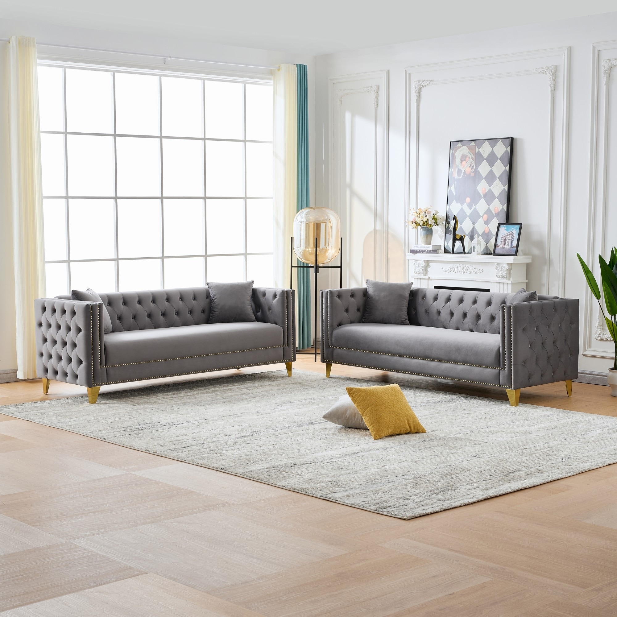 Roomfitters Two 80" Modern Tuxedo Sofa Set with Button Back and Gold Legs, 2-Piece Upholstered Living Room Furniture, Grey