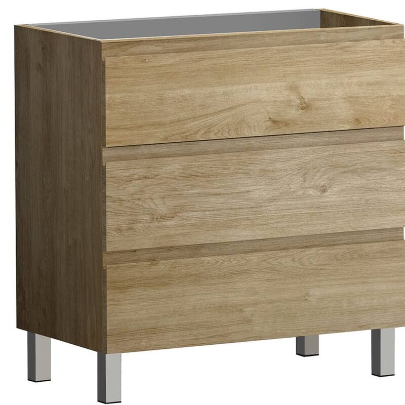 HomeRoots 32" Oak Wood Freestanding Bathroom Vanity With White Sink And Three Drawers - 32.00 in. x 39.06 in. x 17.88 in.
