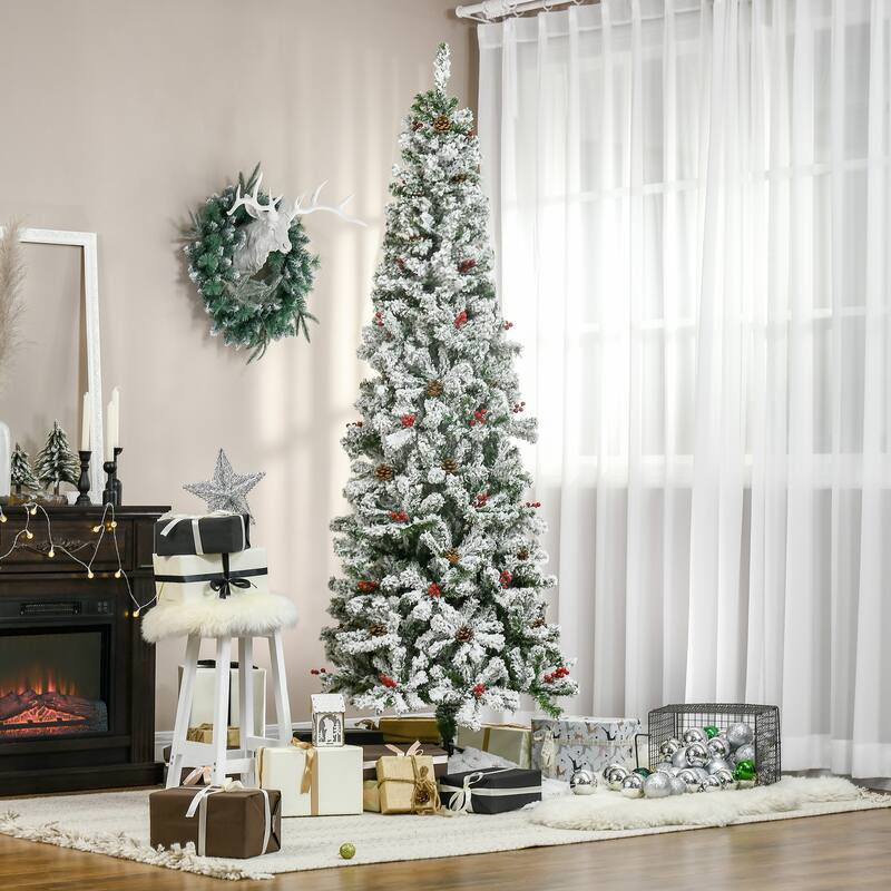 7.5' Pencil Christmas Tree, Snow-Flocked with Pine Cones & Red Berries, Unlit Artificial Tree for Holiday Décor