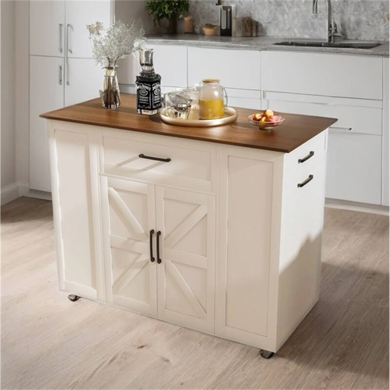 Movable Wood Top Kitchen Island w/ Power Outlet and Adjustable Shelf