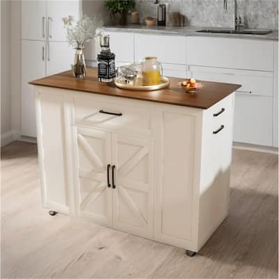 Movable Wood Top Kitchen Island w/ Power Outlet and Adjustable Shelf