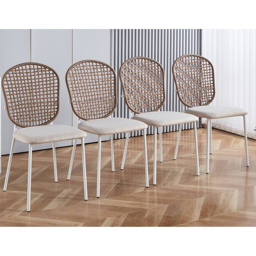 4 Piece Woven Kitchen Dining Chairs with Cushions, Backrest, Stainless Steel Legs for Dining Room Kitchen Living Room Bedroom