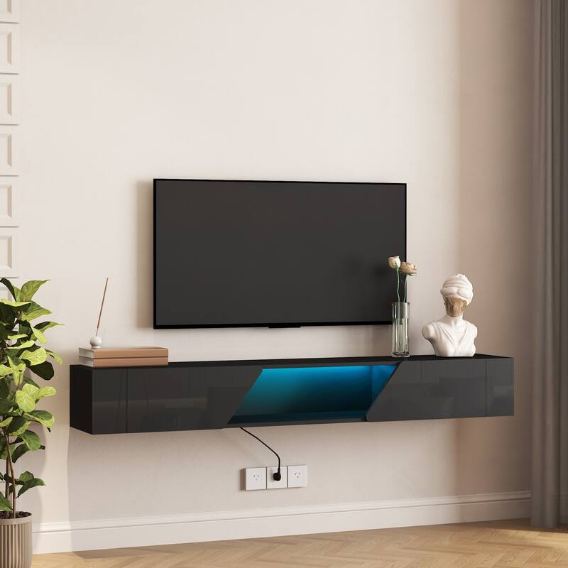 Modern Wood Wall Mount TV Bracket for TVs up to 65", Storage LED Entertainment Media Center with Open Shelves for Living Room