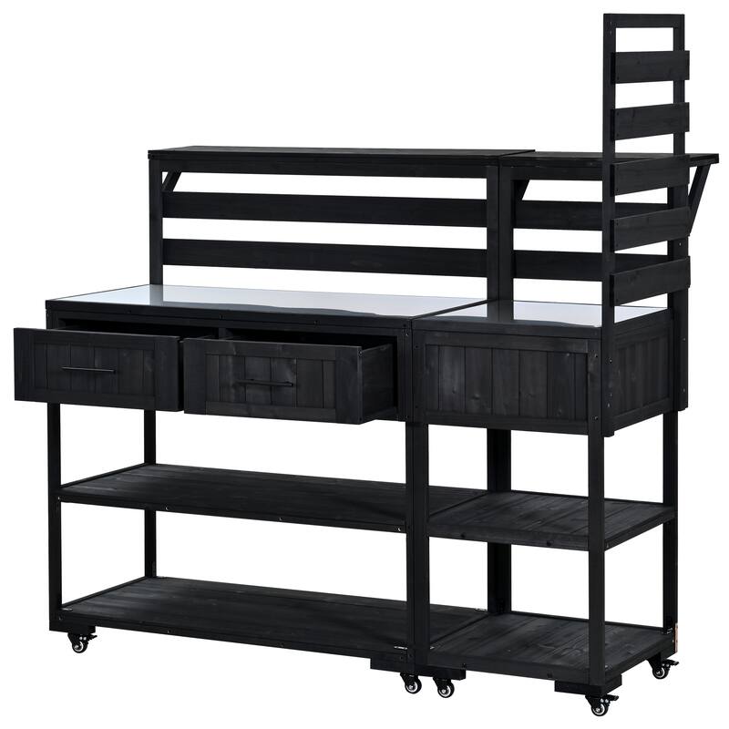 Solid Wood 62.3'' Patio Kitchen Island Kitchen Cart with Stainless Table Top, Garden Potting Bench with Raised Shelf and Drawers - Black