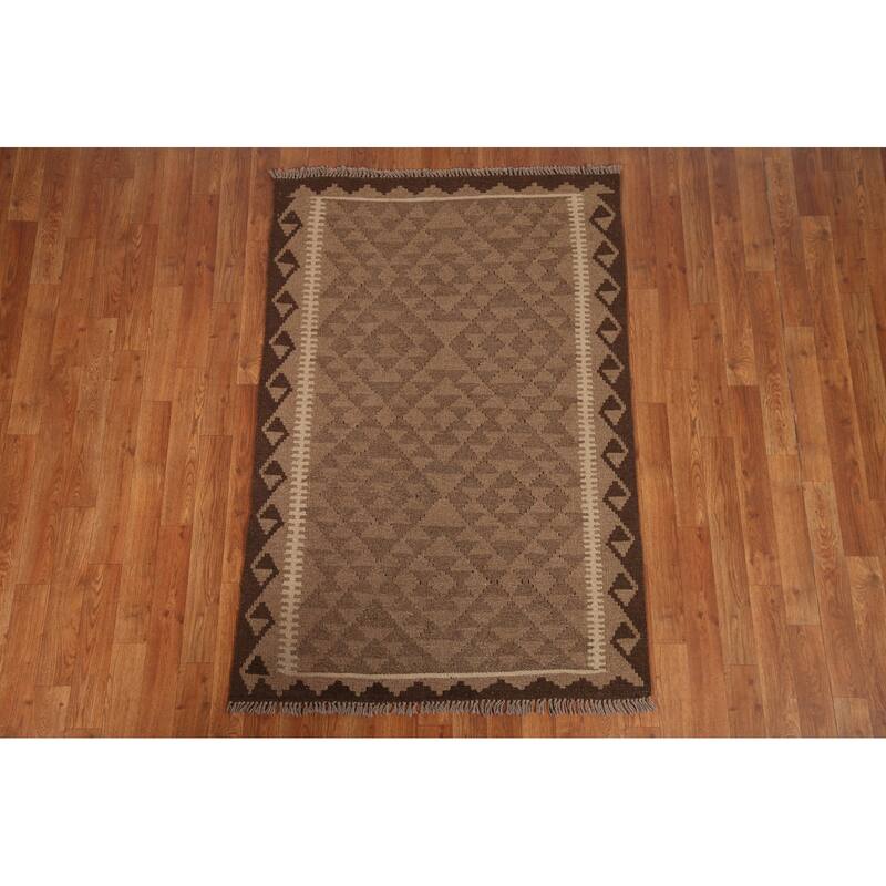 Reversible Brown Kilim Oriental Area Rug Hand-woven Wool Carpet - 3'3" x 4'11"
