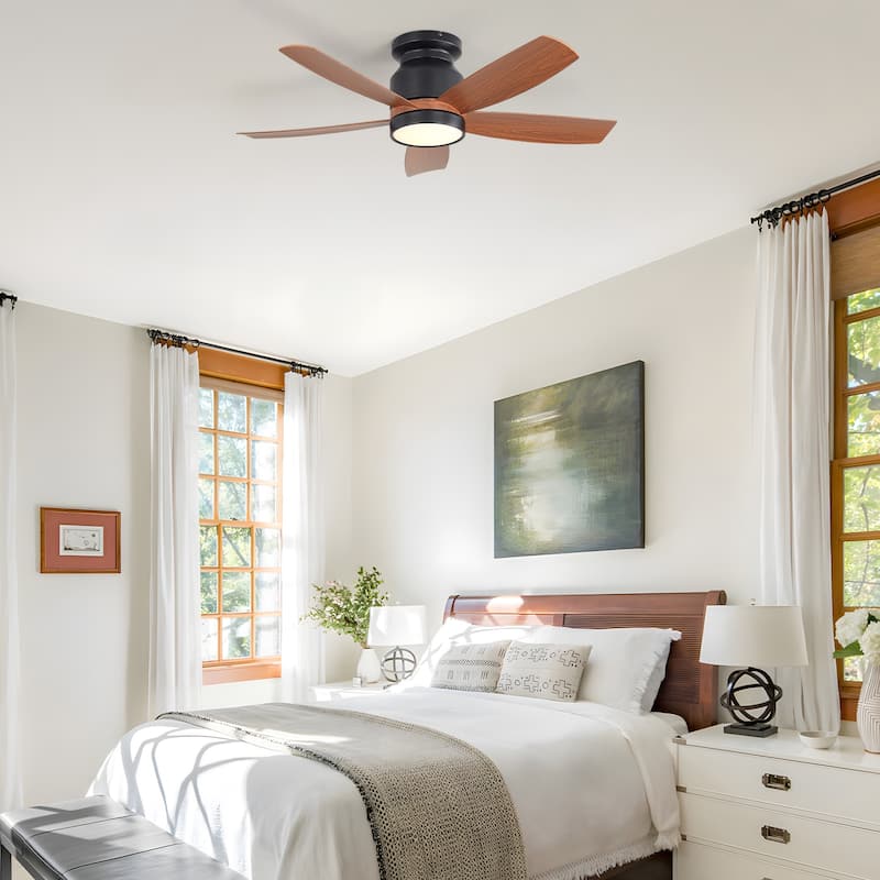 Sofucor 42 Inch Low Profile Flush Mount Ceiling Fan with Light, Remote Control, 5 ABS Blades,Reversible Quiet DC Motor