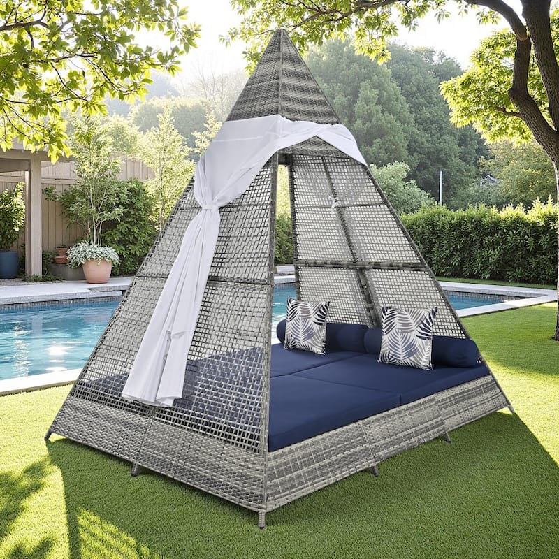 90.5" Outdoor Patio Wicker Triangle Tent Daybed Sunbed with Colorful Pillows and Curtain - Blue+Grey