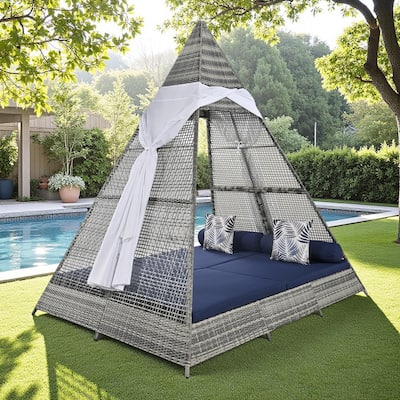 90.5" Outdoor Patio Wicker Triangle Tent Daybed Sunbed with Colorful Pillows and Curtain