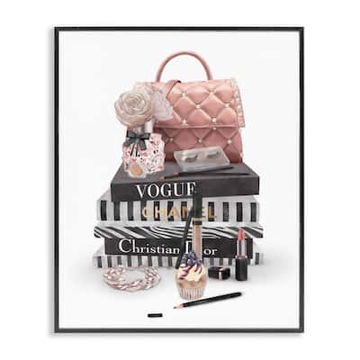 Stupell Fashion Bookstack Purse Perfume Pink Glam Design Framed Wall Art