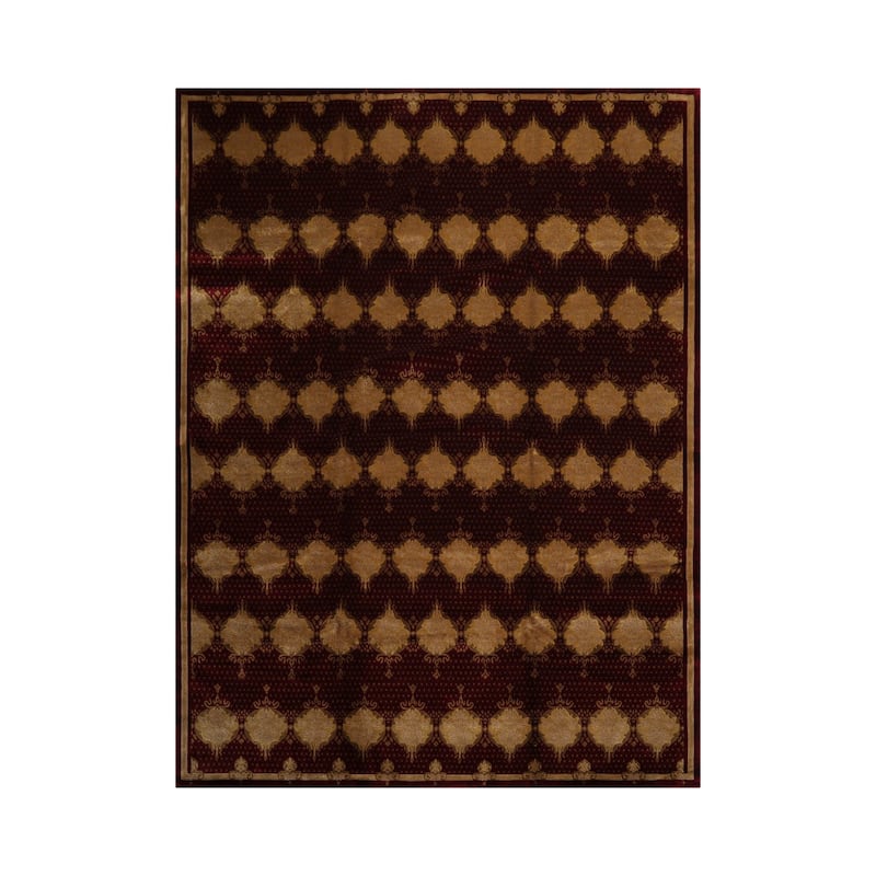 Hand Knotted Burgundy Savonnerie Wool Traditional Oriental Area Rug - 9' x 12'