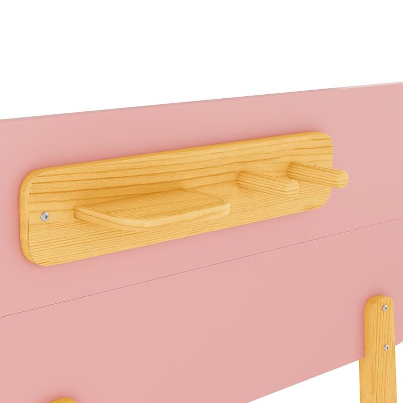 Kids Wood Platform Bed with Guardrails, Bottle Holder and 2 Hanging Rod, Convertible Toddler Daybed, Low Profile Design Frame