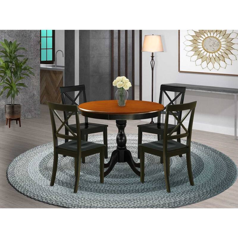 HomeStock 5-Piece Round Black and Cherry Finish Solid Wood Top Dining table with 4 Chairs