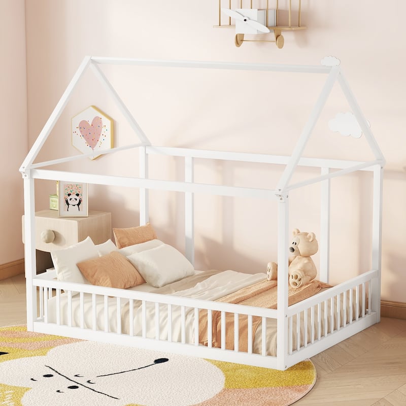 Full Size Floor Wooden Bed with House Roof Frame and Safety Guardrails