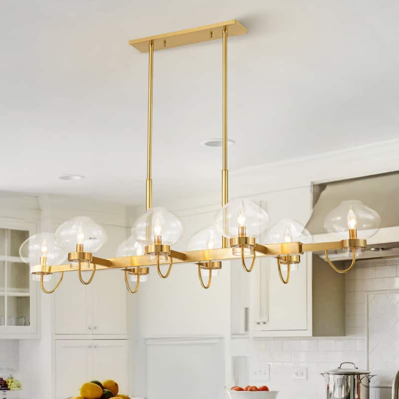 8-Light Industrial Gold/ Black Linear Candle Clear Glass Chandelier for Kitchen Island