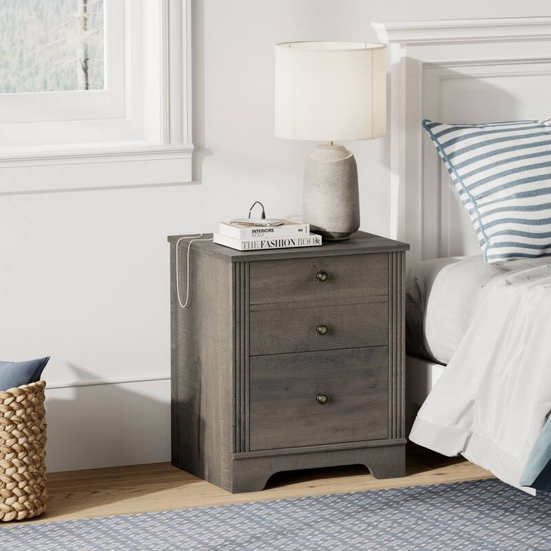 End Table with Charging Station, Side Table with Storage, 2 Power outlets & 2 USB Ports for Living Room