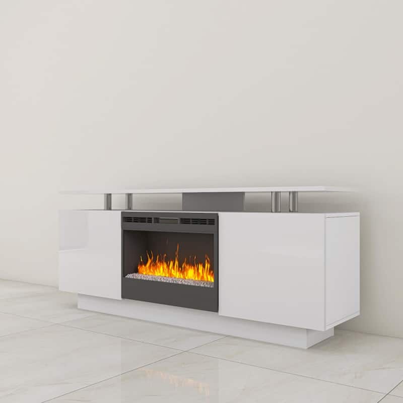 High Gloss White Tempered Glass 70inch TV Stand with Fireplace