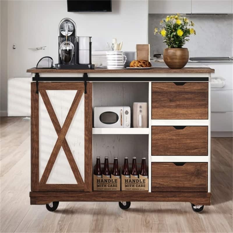 55" Wood Rolling Kitchen Island with Drop Leaf,Barn Door,Power Outlet