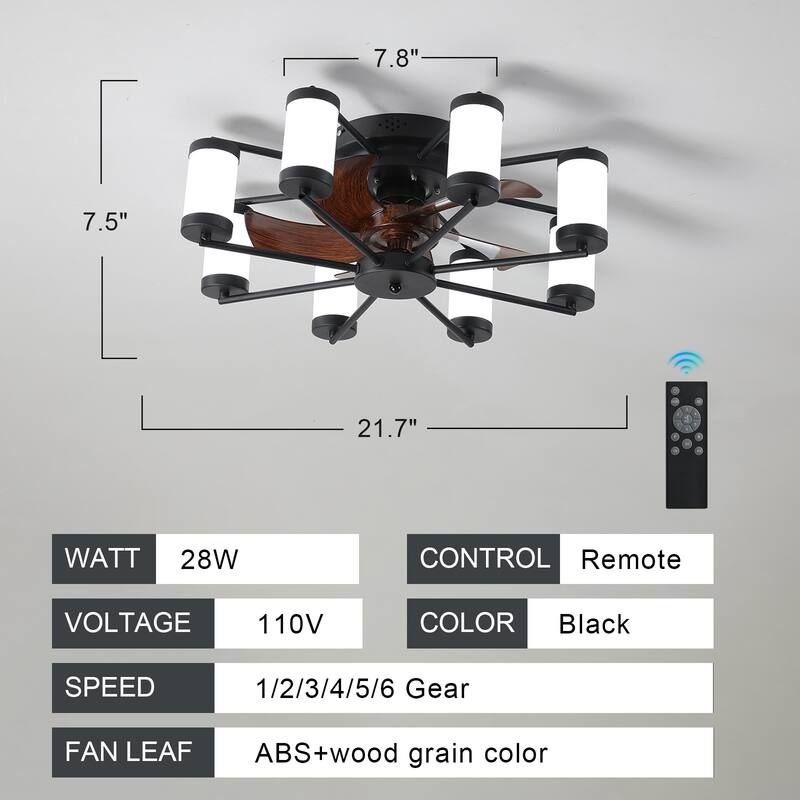 Modern Ceiling Fan Light with 5 Blades and Remote Control, Cylindrical Fixture for Bedroom and Living Room