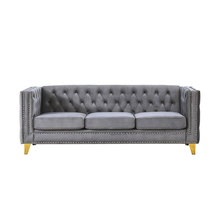 Classic Chesterfield Velvet Sofa, Tufted with Nailhead Trim, 3-Seater Couch with Metal Legs for Bedroom or Living Room