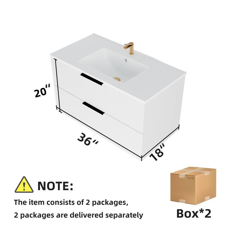 36" Floating Bathroom Vanity with Ceramic Sink - Wall Mounted Fluted Vanity Cabinet with Drawers, Modern Design