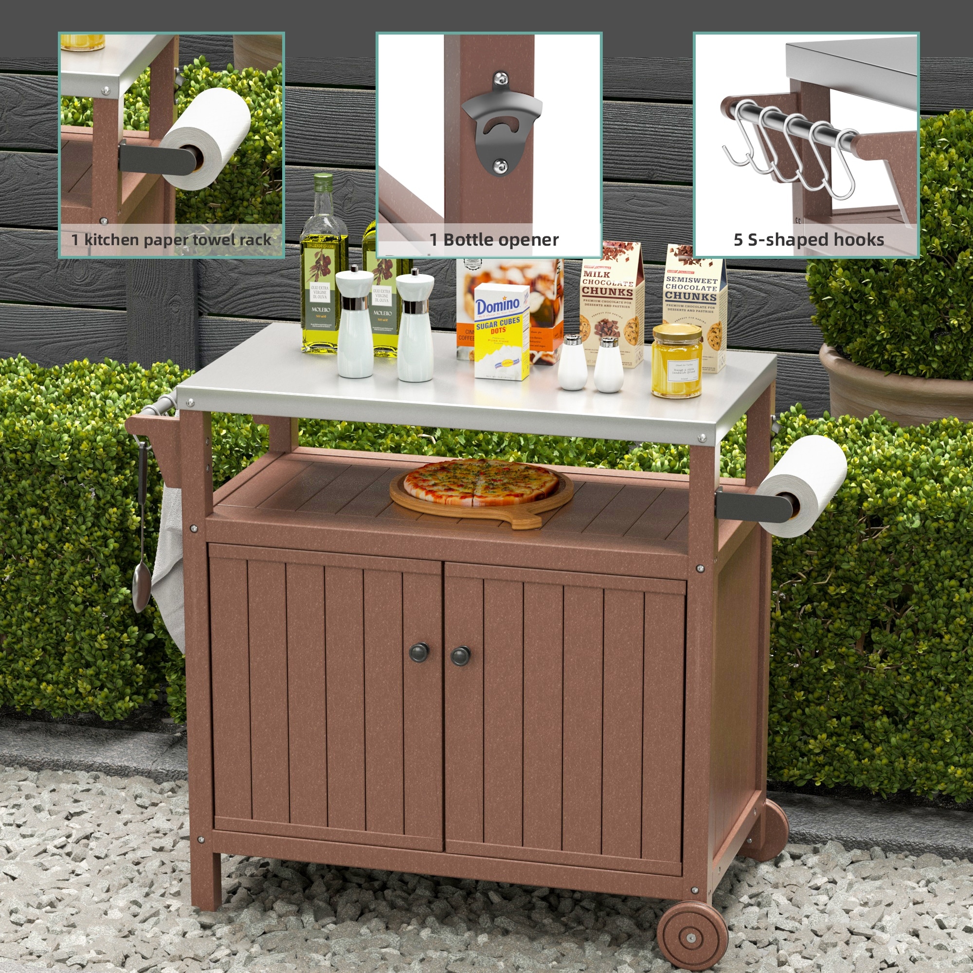 42.13 in. W Stainless Steel Countertop Outdoor Grill Cart on 2 Wheels with Storage Cabinet and Side Shelf