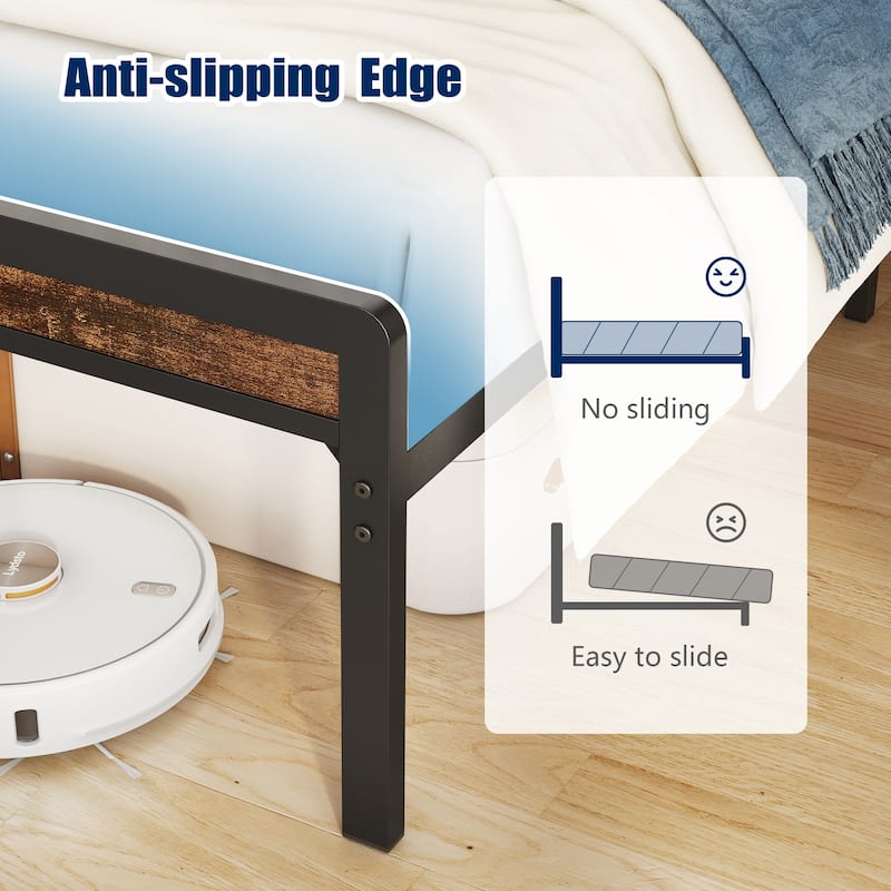 Full Size Metal Bed Frame with Headboard Footboard LED Lighting Black Heavy Duty Steel Slat Support Noise Free
