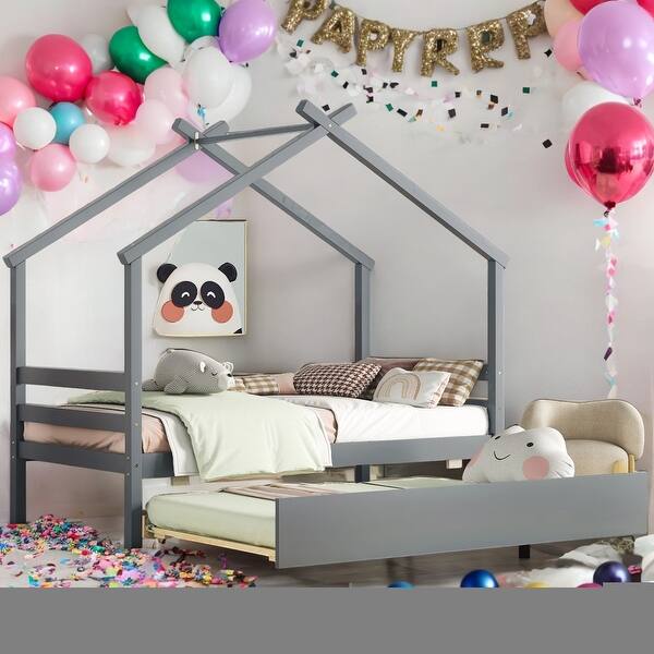 slide 2 of 13, Kids and Baby Twin Size House-shaped Platform Bed with Pull-out Trundle Grey