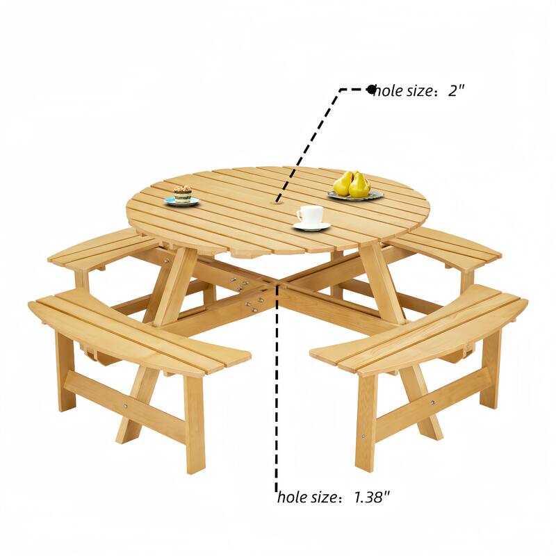 Outdoor 8 Person Picnic Table and Benches Set, Wooden Round Picnic Table with 4 Built In Benches and Umbrella Hole