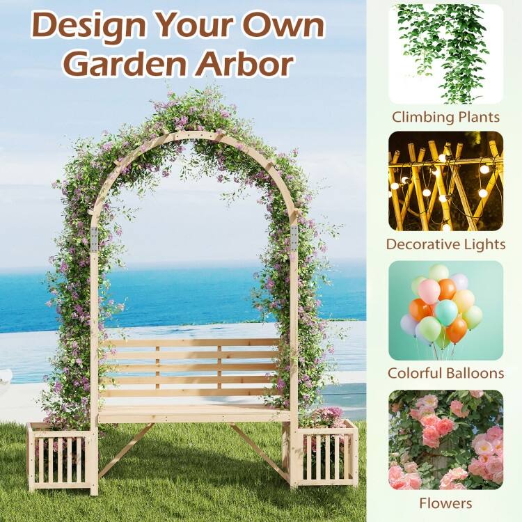 Natural Fir Wood Garden Arbor Bench with Planters Trellis Arch - 73" x 22" x 80"