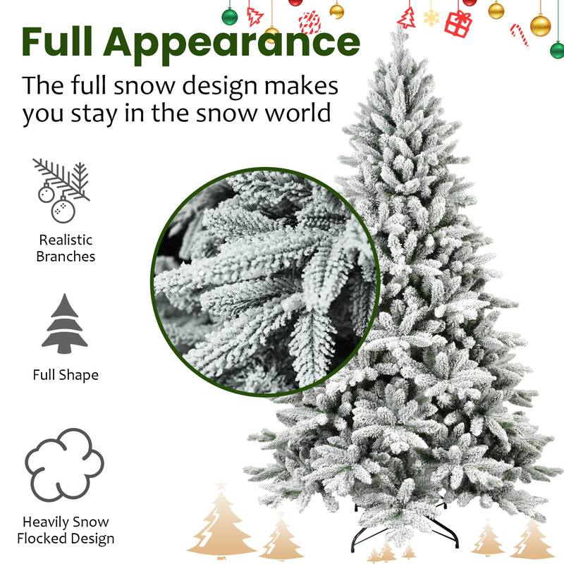 Flocked Artificial Christmas Tree - PE+PVC Snowy Branches, Hinged Structure, Metal Stand - White