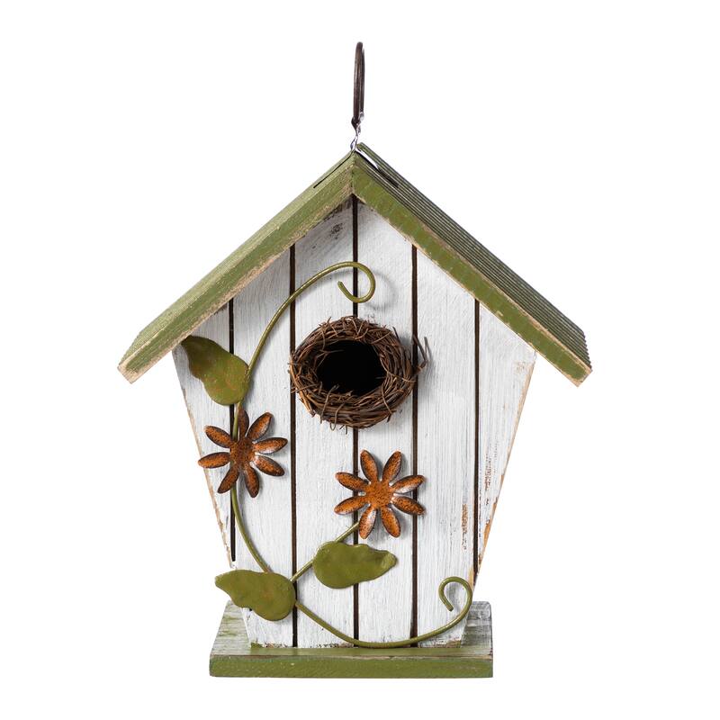 Glitzhome 8.75"H Distressed Solid Wood Decorative Outdoor Garden Birdhouse with 3D Flower