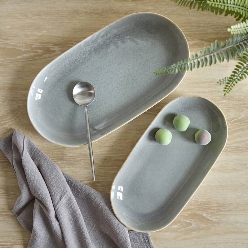 Sango Resona Blue/Black Large Ceramic Serving Platters Set of 2, 14/12 Inch