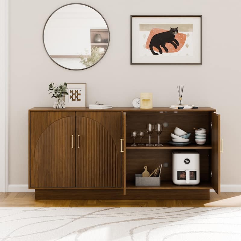 Mid-Century Fluted TV Stand with Storage Fits TVs up to 75", Entryway Console, Sideboard - 15.7"D x 65"W x 31.5"H