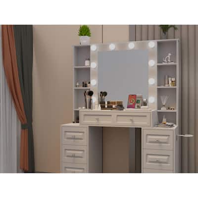 Vanity Desk with with Lighted Mirror, Large Makeup Vanity Desk, Dresser Table with Charging Station, Drawers & Hair Dryer Stand