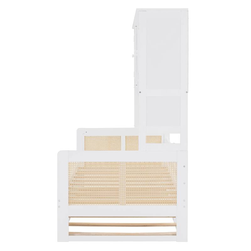 Wood Full Size Daybed with Built-In Storage Cabinet, Shelves & Twin Trundle, Rattan Accent, No Box Spring Needed