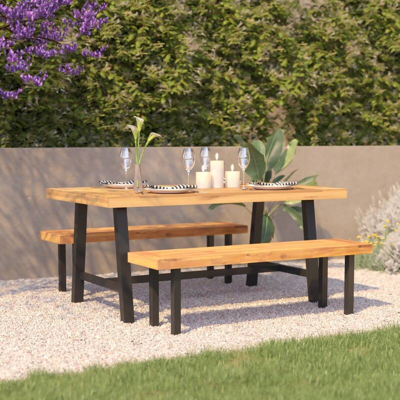 All Weather Commercial Acacia Wood Top Patio Table with Metal Base - Natural/Black