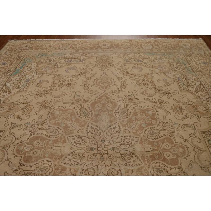 Vintage Distressed Tabriz Persian Area Rug Hand-knotted Wool Carpet - 9'10" x 12'8"