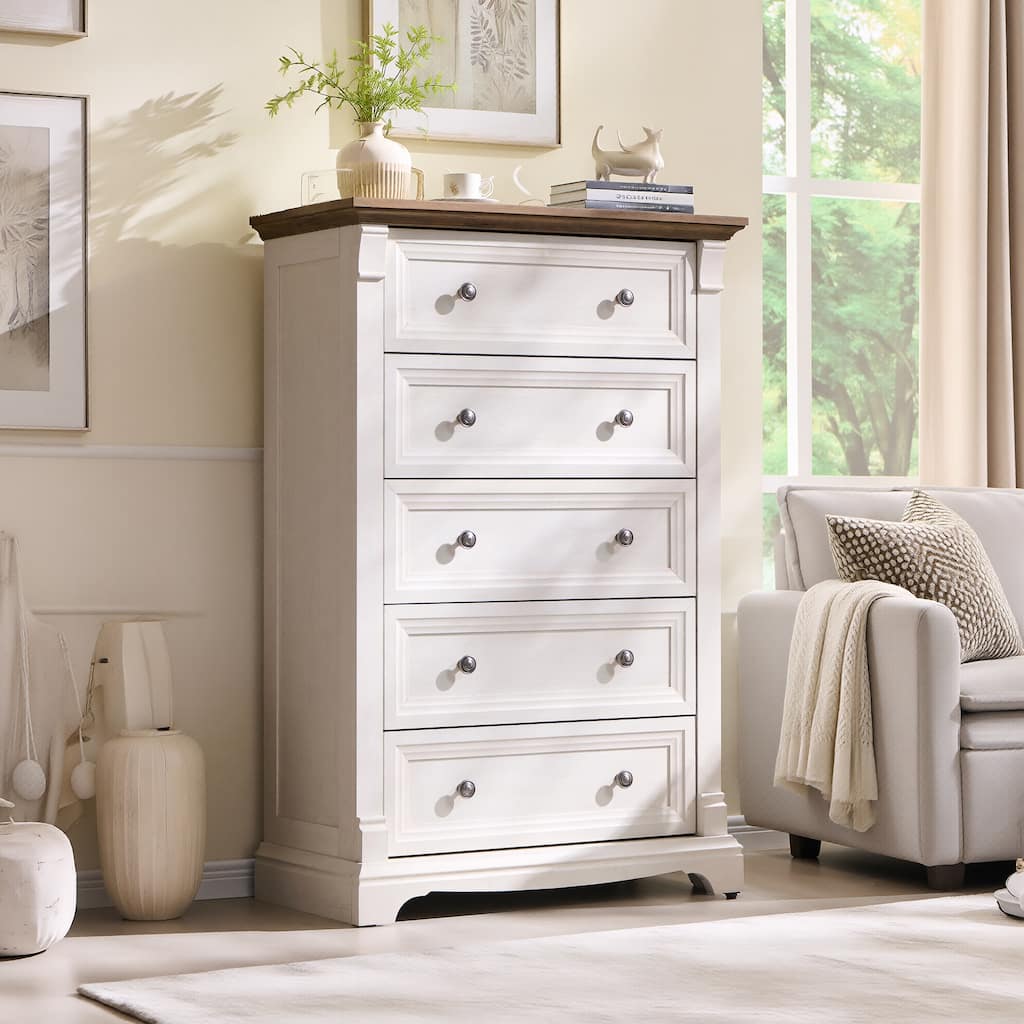 Farmhouse 5 Drawers Dresser, Wood Rustic Chest of Drawers for Bedroom