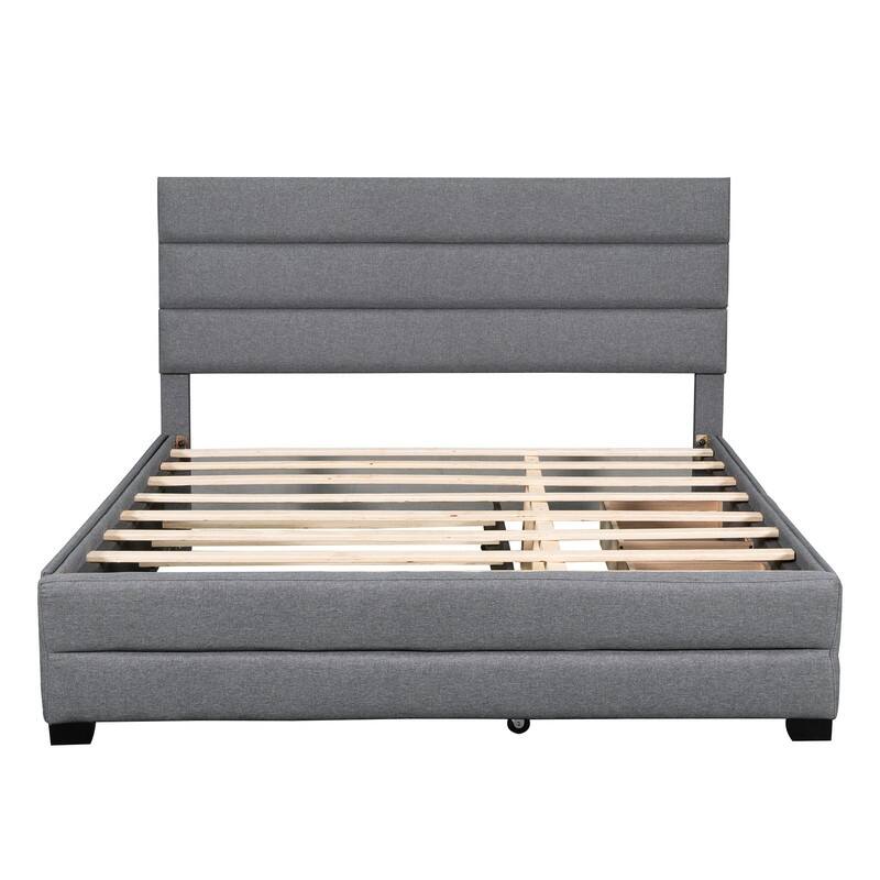 Upholstered Queen Size Platform Bed with 2 Storage Drawers and Twin Trundle Bed, Wood Queen Bed Frame with Linen Fabric