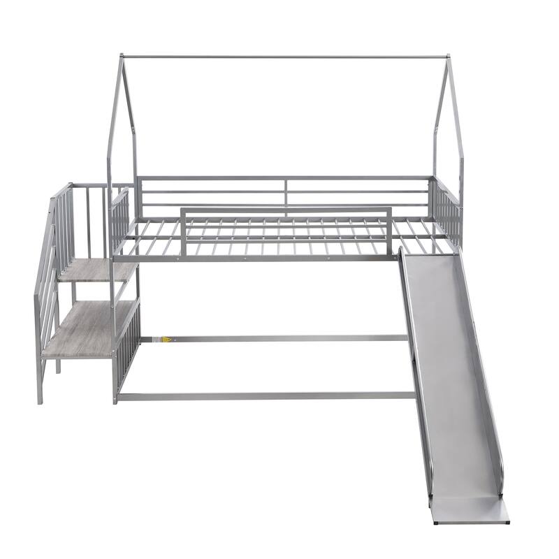 Twin Metal Bunk Bed with Slide and Storage Staircase, House-Shaped Design
