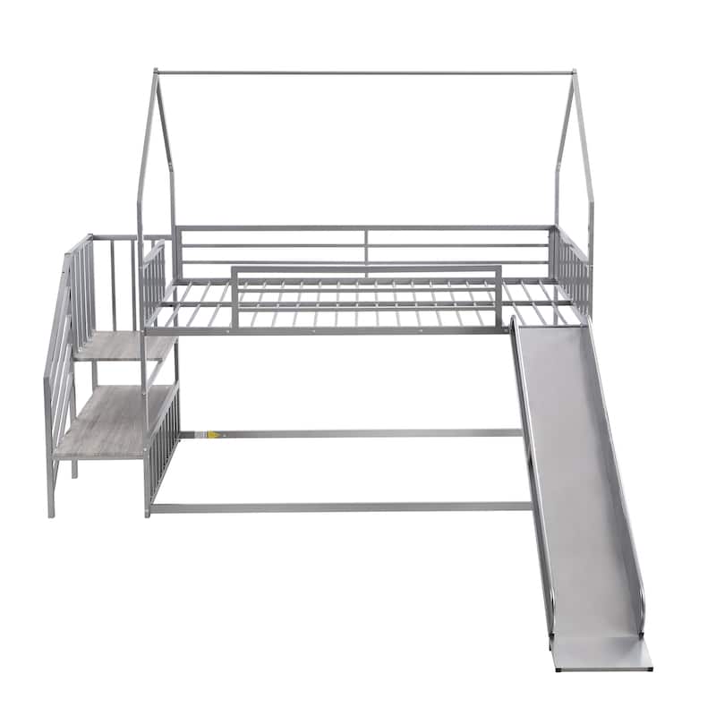 Twin Over Twin House Bunk Bed with Convertible Slide & Staircase, Metal Floor Bunk Beds Frame for Kids Boys Girls, Easy Assembly