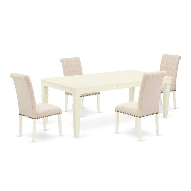 5Pc Dining Set - Rectangle Table with Leaf & 4 Parson Chairs - Linen White & Beige - 84