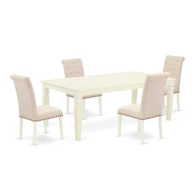 5Pc Dining Set - Rectangle Table with Leaf & 4 Parson Chairs - Linen White & Beige - 84