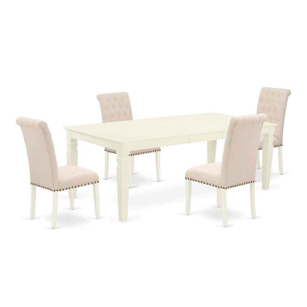 5Pc Dining Set - Rectangle Table with Leaf & 4 Parson Chairs - Linen White & Beige - 84