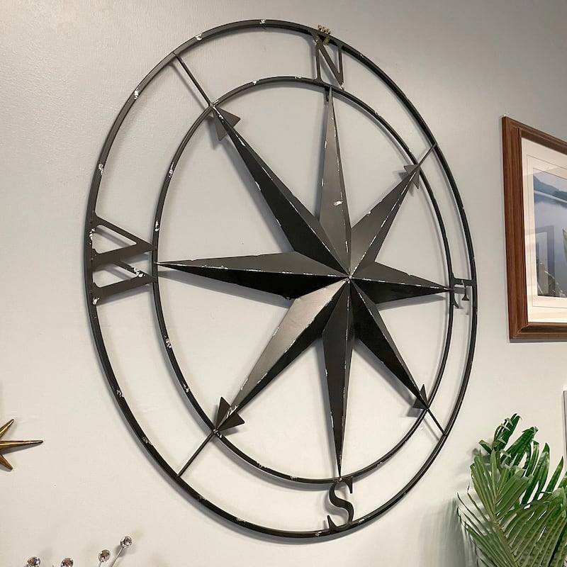 Indoor Outdoor Metal Compass Rose Wall Sculpture 39.5 Inch Diameter