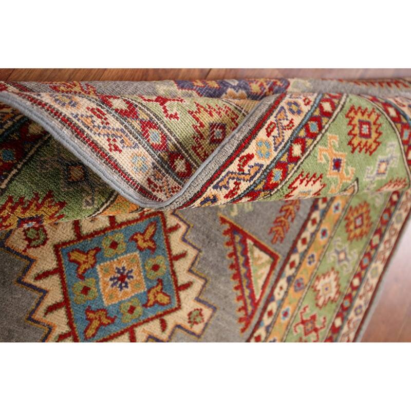 Geometric Grey Kazak Foyer Rug Hand-Knotted Wool Carpet - 3'5" x 4'10"