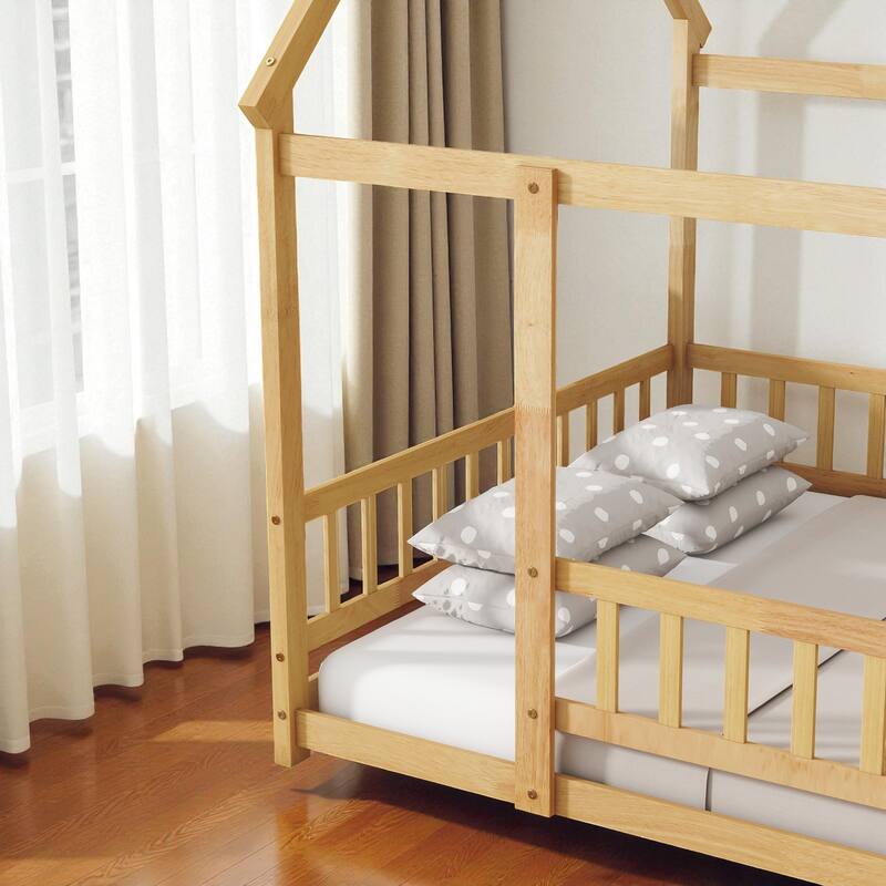 Full Size House Floor Bed with Roof Frame and Guardrails, Solid Wood Montessori Bed for Kids with Fence Design