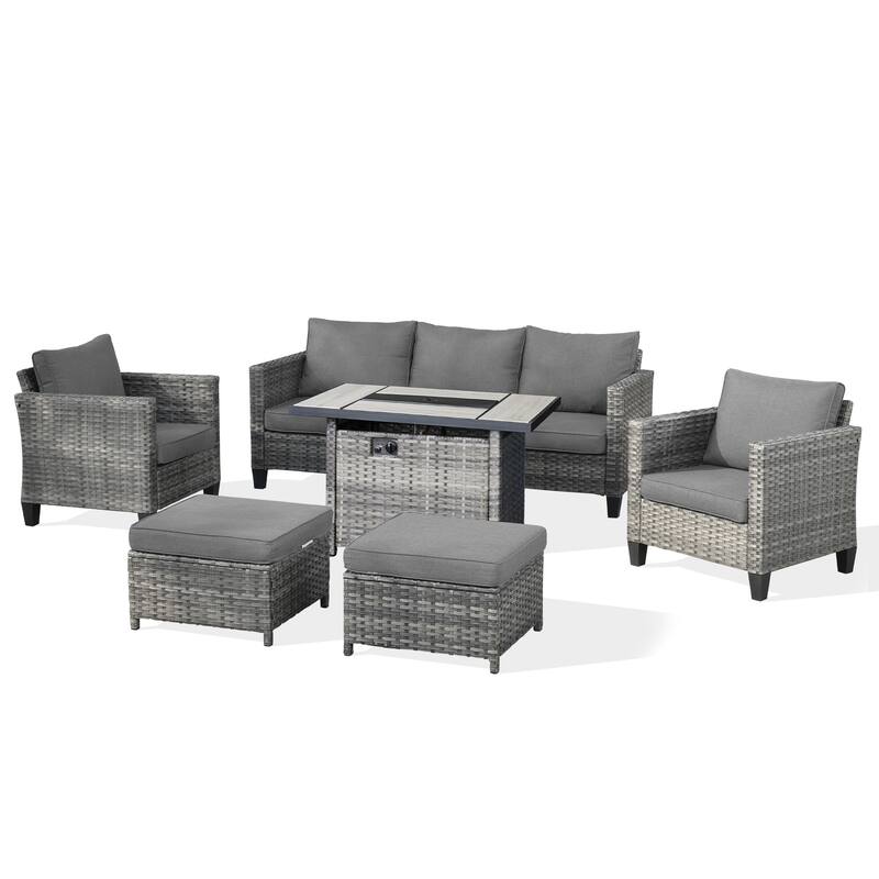 OVIOS 6-piece Patio Furniture Outdoor Wicker Set With Cozy Rectangle Fire Table