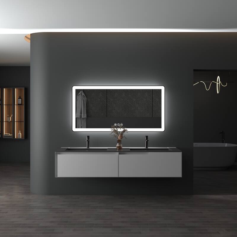 TOOLKISS Black Frame Anti-Fog Dimmable LED Light Vanity Bathroom Mirror with Backlit and Front Light